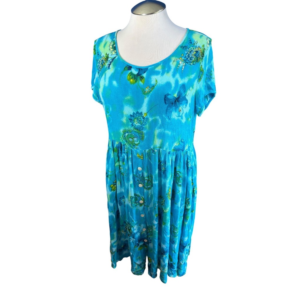 Bila Blue Green Floral Crinkle Rayon Boho Midi Dress Womens XL Short Sleeve 536